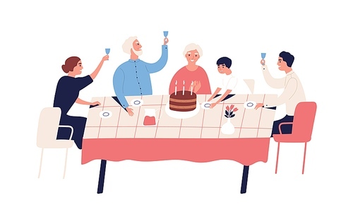 Family celebration of grandparents birthday. People sitting at table with cake, candles, raise glasses with beverage. Cheers, applause in flat vector cartoon illustration isolated on white .