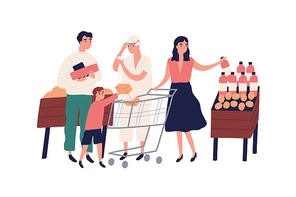 Big family at grocery supermarket choose food products, purchase together. Retired grandmother with list, shopping cart, trolley, child. Flat vector cartoon illustration isolated on white background.