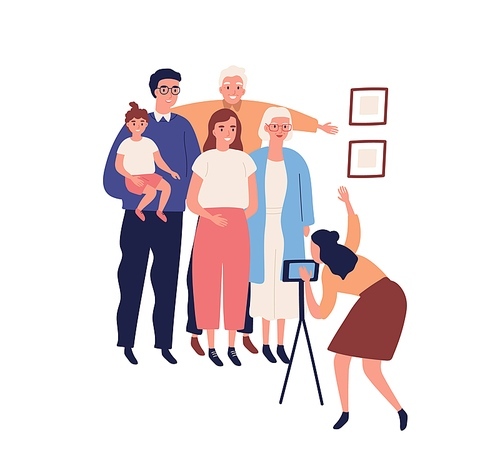 Happy big family making photo portrait on smartphone camera. Grandparents, grandchildren, relatives and little child say cheese together. Flat vector cartoon illustration isolated on white .