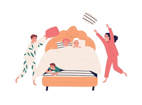 Happy grandchildren play, do pillow fighting in grandparents bedroom. Children with relatives dressed in pajamas, smile, laugh at home. Flat vector cartoon illustration isolated on white .