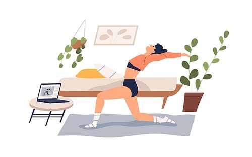 Flexible woman practicing yoga at home vector flat illustration. Yogi female watching online classes on laptop isolated on white. Girl doing exercise looking internet live stream video.