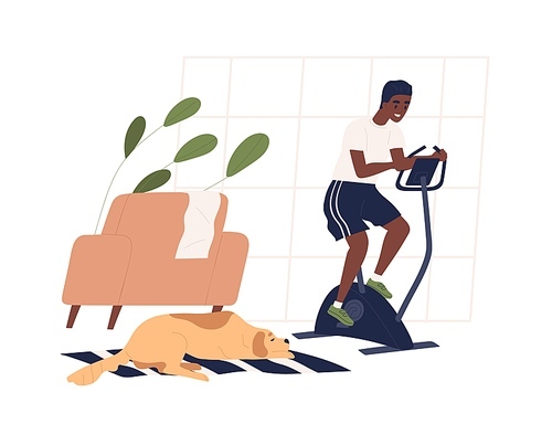 Smiling black skin guy doing sports at home vector flat illustration. Active male enjoying cycling workout isolated on white. Man riding stationary bike. Cardio training equipment.