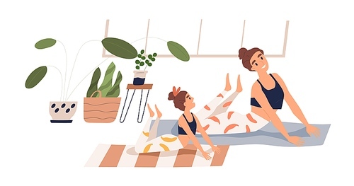 Cheerful child and mother practicing yoga together at home vector flat illustration. Happy family doing stretching exercise on mat isolated on white. Joyful woman and girl during sports training.