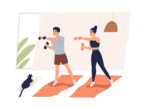 Active couple doing exercise with dumbbells vector flat illustration. Smiling man and woman training together at home isolated on white. People practicing workout in pair enjoy healthy lifestyle.