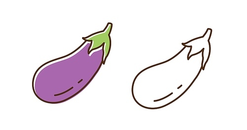Fresh eggplant colorful and monochrome set vector flat illustration. Farm vegetarian dietary raw food icon isolated on white. Cute tasty edible plant in line art style.
