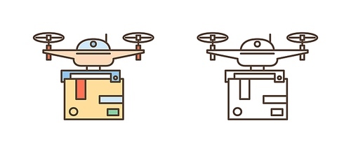 Set of line art drones with package box. Delivery service by modern electronic device. Flying gadget, postal courier technology. Flat outline vector illustration isolated on white.