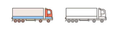 Modern logistics truck, lorry icon. Commercial vehicle with diesel engine. Automobile shipping, delivery. Cargo transportation. Flat vector line art illustration isolated on white.