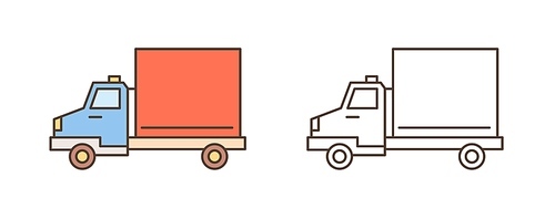 Logistics truck, van or lorry icon. Commercial vehicle with diesel engine, automobile shipment. Delivery, cargo transportation. Flat vector line art illustration isolated on white.