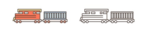 Modern train, locomotive icon. Commercial railway vehicle with goods wagon. Logistics, shipment, cargo delivery, transportation. Flat vector line art illustration isolated on white.