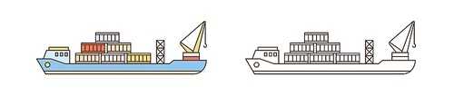 Modern cargo ship icon. Commercial sea vehicle with goods wagon, crane, container. Ocean logistics, delivery or transportation service. Flat vector line art illustration isolated on white.