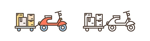 Retro courier motorbike, scooter, moped icon. Commercial road vehicle with small trailer. Parcel delivery, service symbol. Flat vector line art illustration isolated on white.