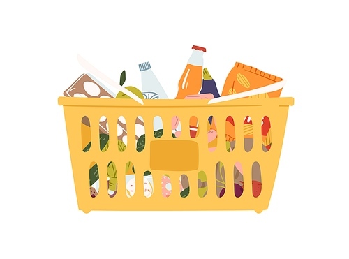 Plastic grocery cart with handles full of products vector flat illustration. Shopping basket with food, drink, bottle, fruit and vegetable isolated on white. Equipment from self-service shop.