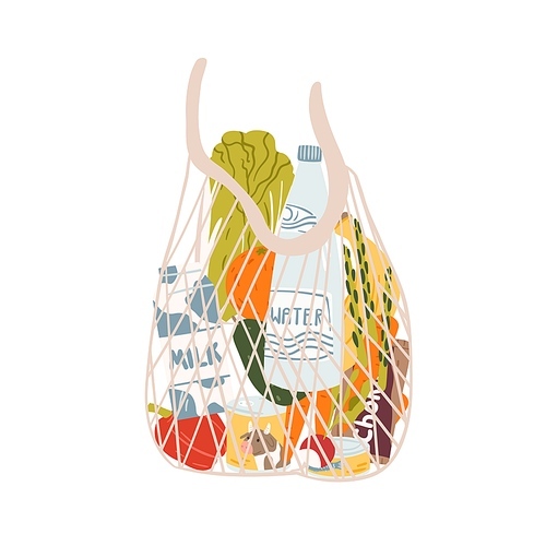 String or turtle bag full of products vector flat illustration. Stylish mesh accessory for carrying purchases isolated on white . Eco friendly design sack with groceries from supermarket.