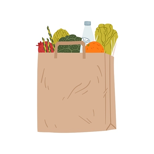 Brown paper pack with healthy groceries vector flat illustration. Eco friendly package with handle for purchases isolated on white. Packet full of different tasty food - vegetables, fruit and bottle.