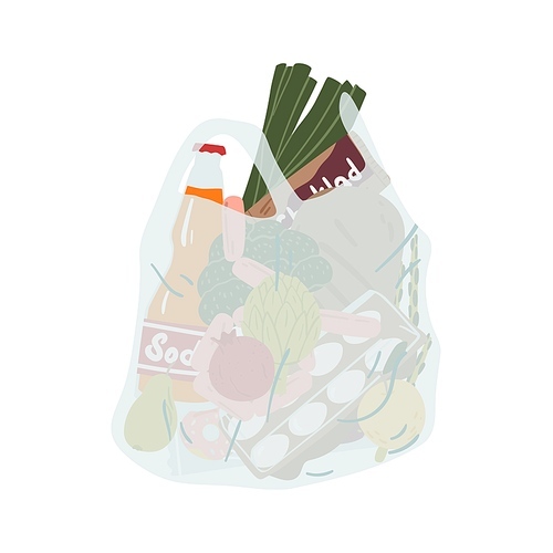 Grocery plastic package full of different food and drink vector flat illustration. Transparent disposable shopping bag with handles isolated on white. Pack for carrying products or purchases.