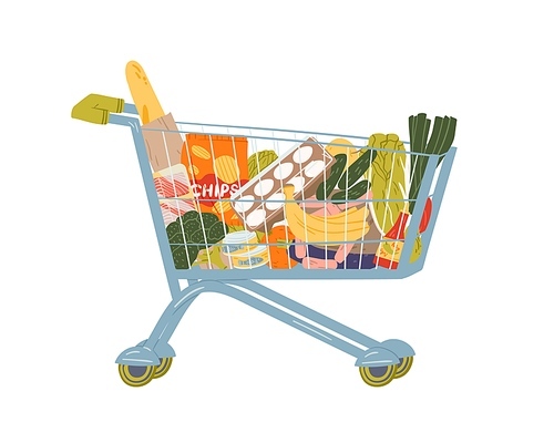 Shopping cart full of food and drink vector flat illustration. Grocery trolley with handle filling by fruit, vegetables, beverage and can isolated on white. Pushcart from self-service shop.