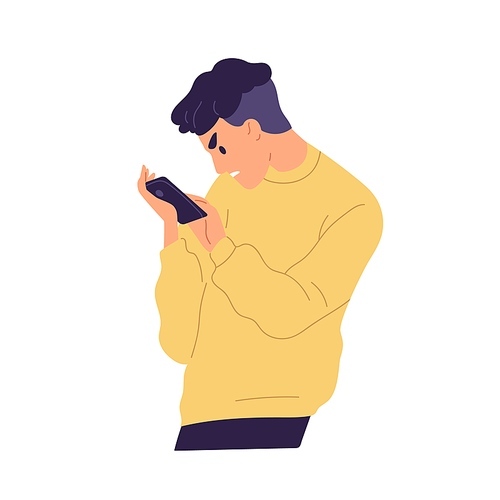 Angry guy with irritable facial expression holding smartphone vector flat illustration. Annoyed male chatting having negative emotions isolated on white. Mad man read bad news use mobile phone.
