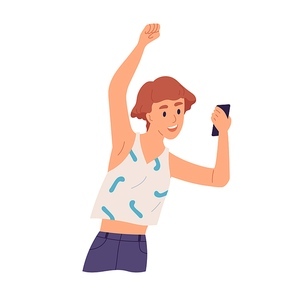 Joyful girl raising hand looking at screen of smartphone vector flat illustration. Happy woman enjoy good news holding mobile phone isolated on white. Female having positive emotion watch on display.