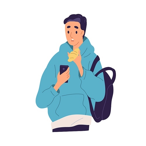 Guy with disappointed face expression read bad news at smartphone vector flat illustration. Shocked male looking at screen of mobile during eating isolated. Student man have negative information.