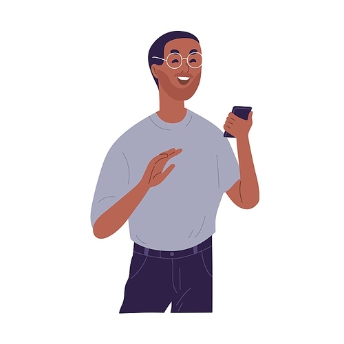Laughing casual black skin guy reading funny information at smartphone vector flat illustration. Smiling bearded man in glasses holding mobile having joyful face expression isolated on white.