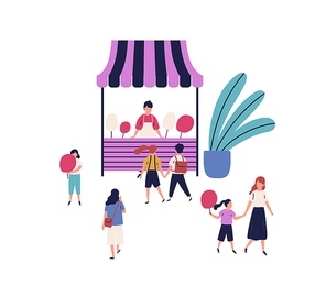 Cartoon seller of street cotton candy kiosk with families and kids isolated on white . Booth or shop with sweetness surrounded by people walk and buy delicious vector flat illustration.