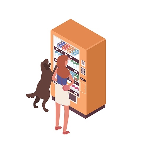 Woman and dog stand near vending machine vector isometric illustration. Female and pet choosing snack and drink isolated on white . Customer buy junk food at automated self service kiosk.