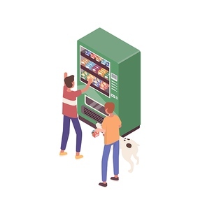 Kids with dog buying snacks at vending machine vector isometric illustration. Children choosing junk food and sweet together isolated on white. Funny friends use modern self service interactive kiosk.