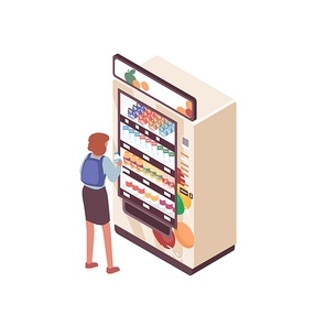 Student woman with backpack buying bottle of water in vending machine vector isometric illustration. Female use automated self service interactive kiosk with snack and beverage isolated on white.