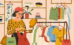 Stylish female choosing clothes in boutique vector flat illustration. Fashionable woman buyer holding apparel on hanger. Trendy girl enjoying shopping at store. Shopaholic person at shop interior.