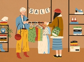 Two modern fashion female use smartphone and choosing clothes in boutique vector flat illustration. Woman customer looking at colorful apparel on hanger. Stylish girl enjoying shopping during sale.