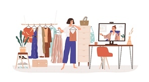 Woman personal stylist consulting client online vector flat illustration. Female demonstrate clothes to computer isolated. Consultation to wardrobe parsing, choosing outfit and sorting apparel.