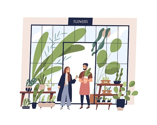 Happy man working at small shop with potted plants vector flat illustration. Male owner of growing and selling flowers at store isolated. Smiling vendor sell houseplant in pot to female buyer.