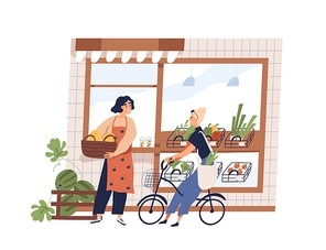 Friendly woman greengrocer and buyer at grocery facade vector flat illustration. Smiling female owner working at small shop with vegetables and fruits isolated. Girl customer on bike talk with seller.