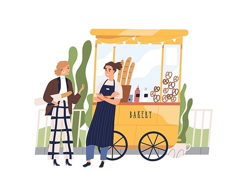 Vendor and customer having friendly conversation at bakery booth vector flat illustration. Guy seller working at bakeshop stall isolated. Man owner of small business street kiosk with snacks.