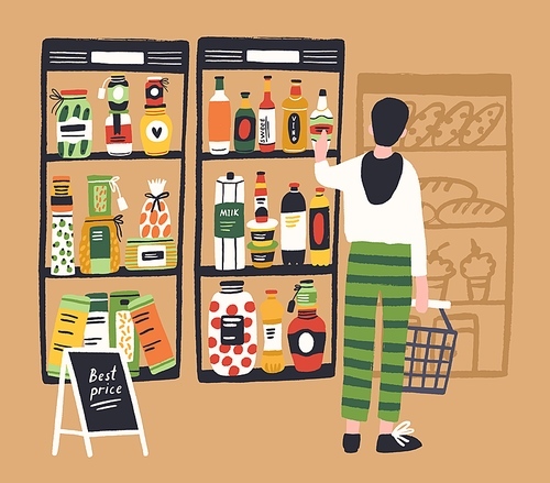 Man shopper with basket choosing product at grocery store vector flat illustration. Male enjoying shopping at supermarket taking bottle from best price shelf. Guy buyer purchasing food at retail shop.