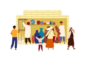 Arabic, Oriental, Eastern street haggling, market souk, local bazaar. People walking in marketplace. Tourist buy clay pot, plate, pottery, hookah. Flat vector cartoon illustration isolated on white.