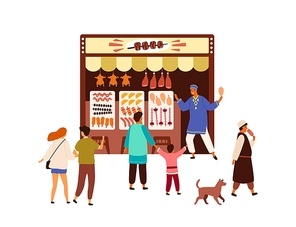 Turkish, Eastern kebab street market, souk, oriental local bazaar. People, tourists in Arabic marketplace stall buying food, meat, grilled chicken. Flat vector cartoon illustration isolated on white