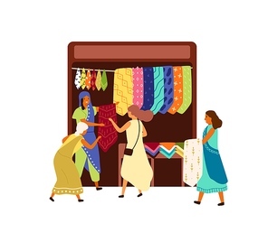 Arabic, Turkish, Oriental, Eastern fabric street market, souk, bazaar. Women tourists, people in marketplace buying shawl, silk, textile, sari. Flat vector cartoon illustration isolated on white.