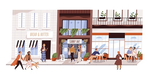 People outdoor at small urban street vector flat illustration. Happy man, woman, couple and friends sitting at cafe, walking, enjoy shopping isolated. Modern buildings, coffeshop, store showcase.