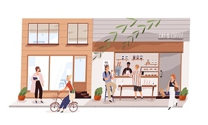 Male vendor work at outdoor coffeeshop on modern city street vector flat illustration. Man and woman eating and buying coffee and snack in cat cafeteria isolated. Kiosk with takeaway food and drink.