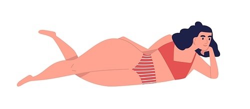 Plus size brunette girl in swimwear. Plump caucasian female character in beachwear. Body positive young woman in striped red underwear. Flat vector cartoon illustration isolated on white .