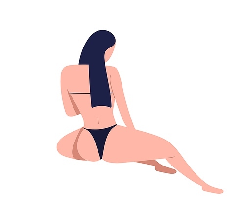 posing slim brunette girl in bikini with fit figure. female character in black underwear. woman back in swimsuit with long hair. flat vector cartoon illustration isolated on .