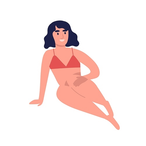 Posing slim brunette girl in swimwear with fit figure. Female character sitting in beachwear. Woman in red underwear with dark hair. Flat vector cartoon illustration isolated on white.