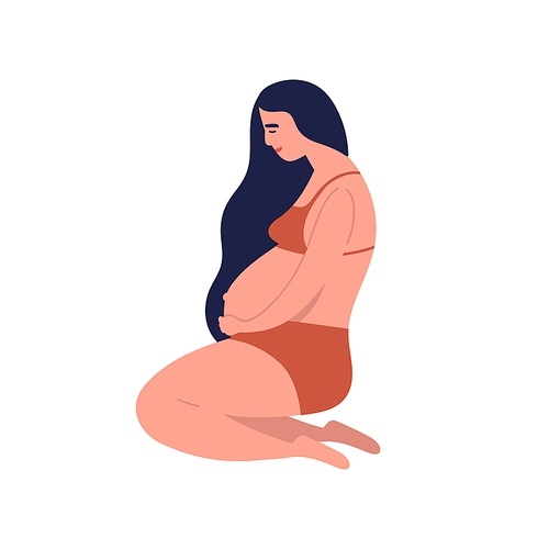 Pregnant young brunette woman awaiting baby birth. Mother sitting in underwear with long black hair holding belly. Happy pregnancy period. Flat vector cartoon illustration isolated on white 