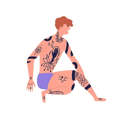 Young naked man with piercing sitting in underwear, beachwear with african black ink trendy tattoo. Body adornment, informal street style. Flat vector cartoon illustration isolated on white 