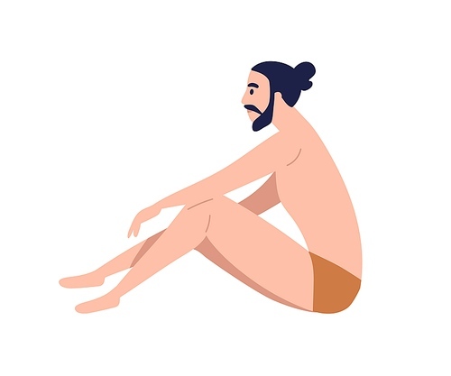 young trendy bearded man sitting in nude underwear or beachwear. modern male haircut, hair bun. young white skin guy. flat vector cartoon illustration isolated on .