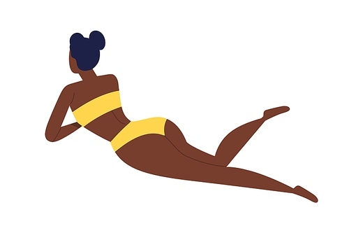 Young dark skin african woman in bikini with hair bun. Brunette girl relaxing in stylish yellow swimwear. Female pretty back view. Flat vector cartoon illustration isolated on white .