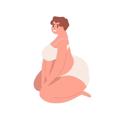 Young beautiful, body positive, curvy woman sitting in underwear. Happy adult female, overweight, plus size character with short haircut. Flat vector cartoon illustration isolated on white.