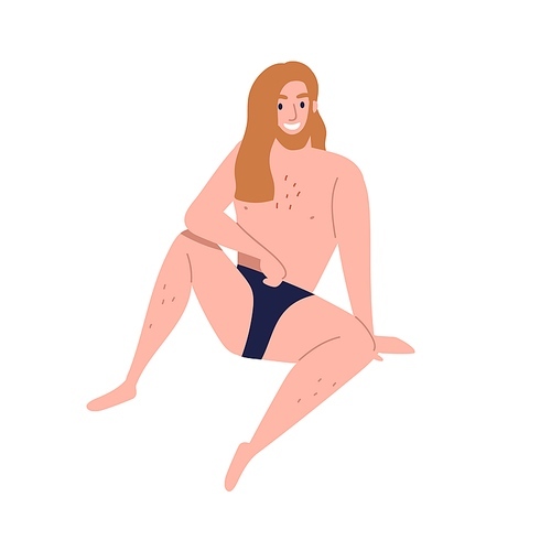 Young body positive hairy man with long hair sitting in beachwear or swimsuit. Happy, cheerful, slim and fit male character. Boy modern naked model. Flat vector cartoon illustration isolated on white.
