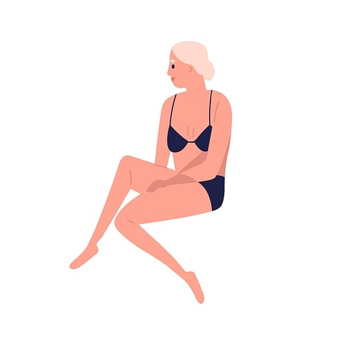 Retired elderly woman with white hair relaxing, sitting in underwear, beachwear. Aged body posititivity. Modern female with slim figure. Flat vector cartoon illustration isolated on white .